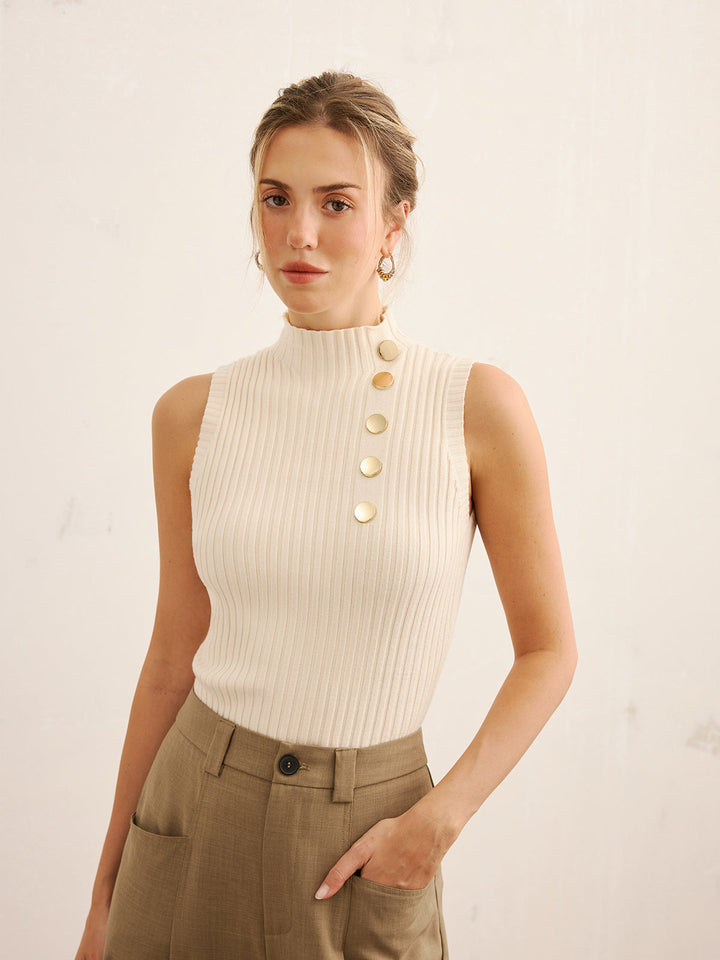 Metal Detail Ribbed Knit Mock Neck Tank Top