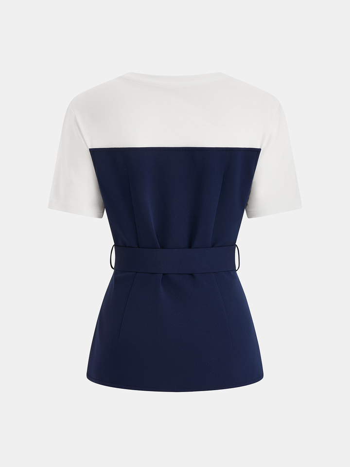2 in 1 Belted Patchwork Short Sleeve Top