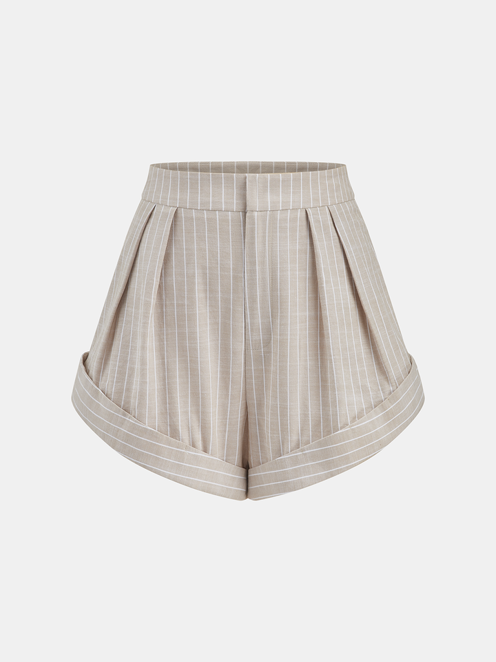Mid-Waist Striped Pleated Cotton Shorts