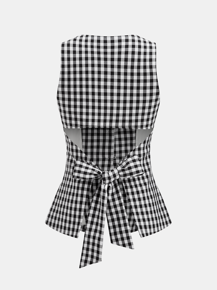 Gingham Bow Backless Sleeveless Top