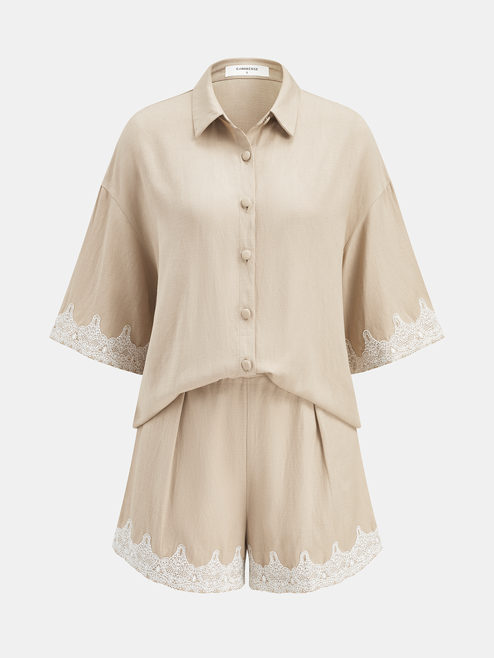 Linen Blend Lace Trim Shirt & Shorts Set