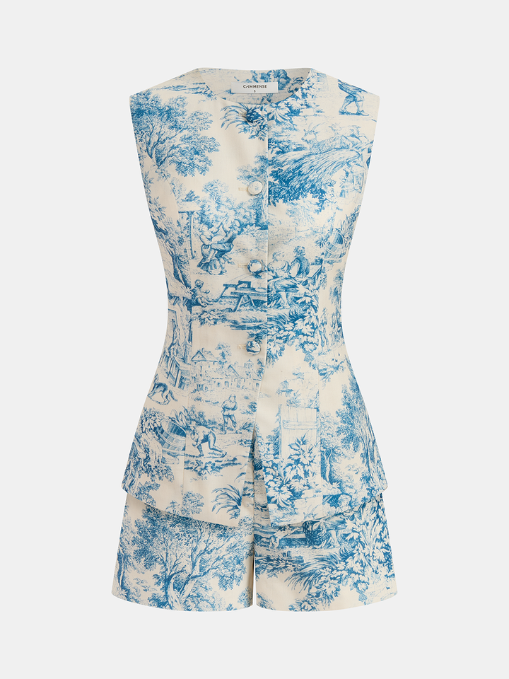 Toile Print Sleeveless Vest & Shorts Set