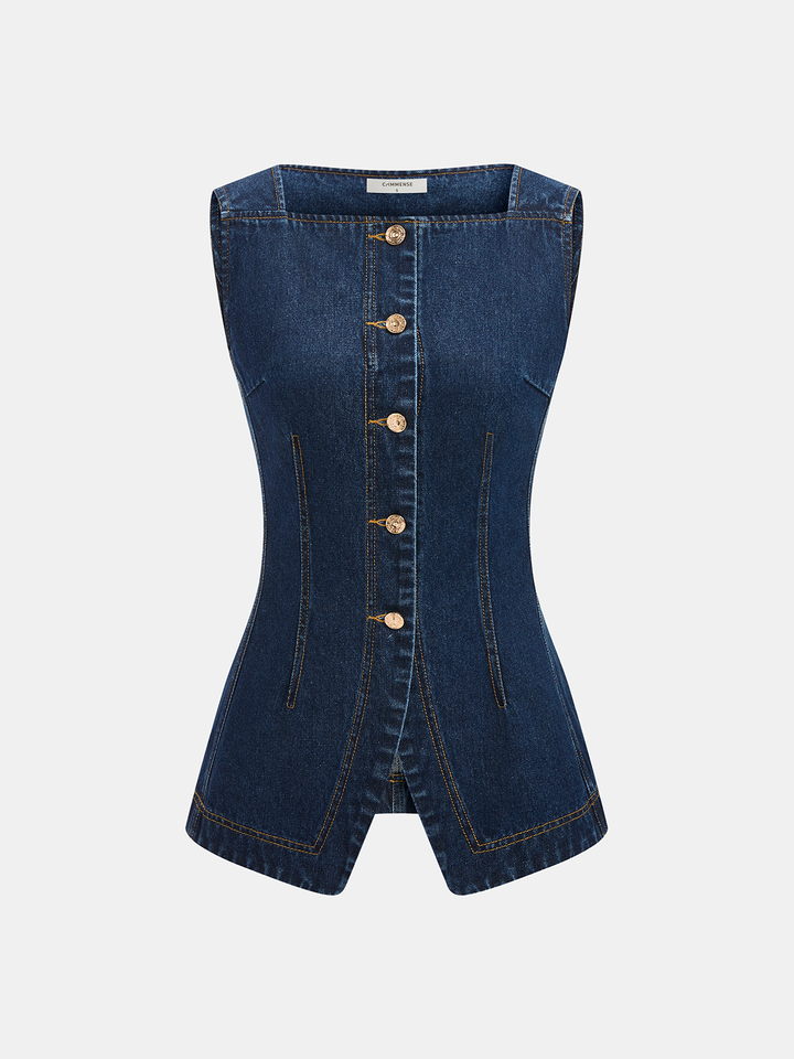 Metal Button Denim Sleeveless Vest & Shorts Set