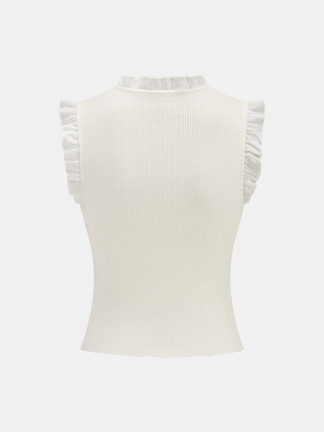 Ruffled Wool Blend Sheer Ribbed Knit Top
