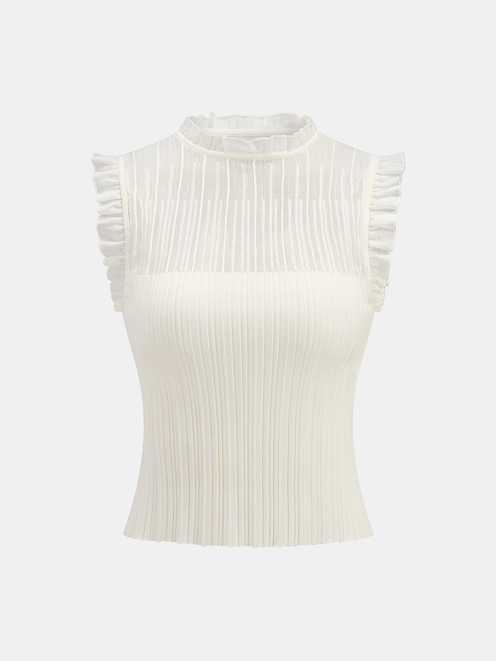 Ruffled Wool Blend Sheer Ribbed Knit Top