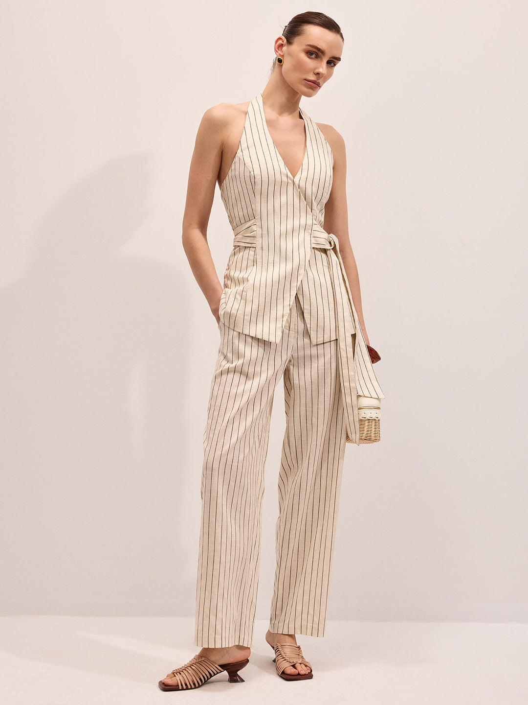 Striped Cotton Linen Halter Vest & Pants Set