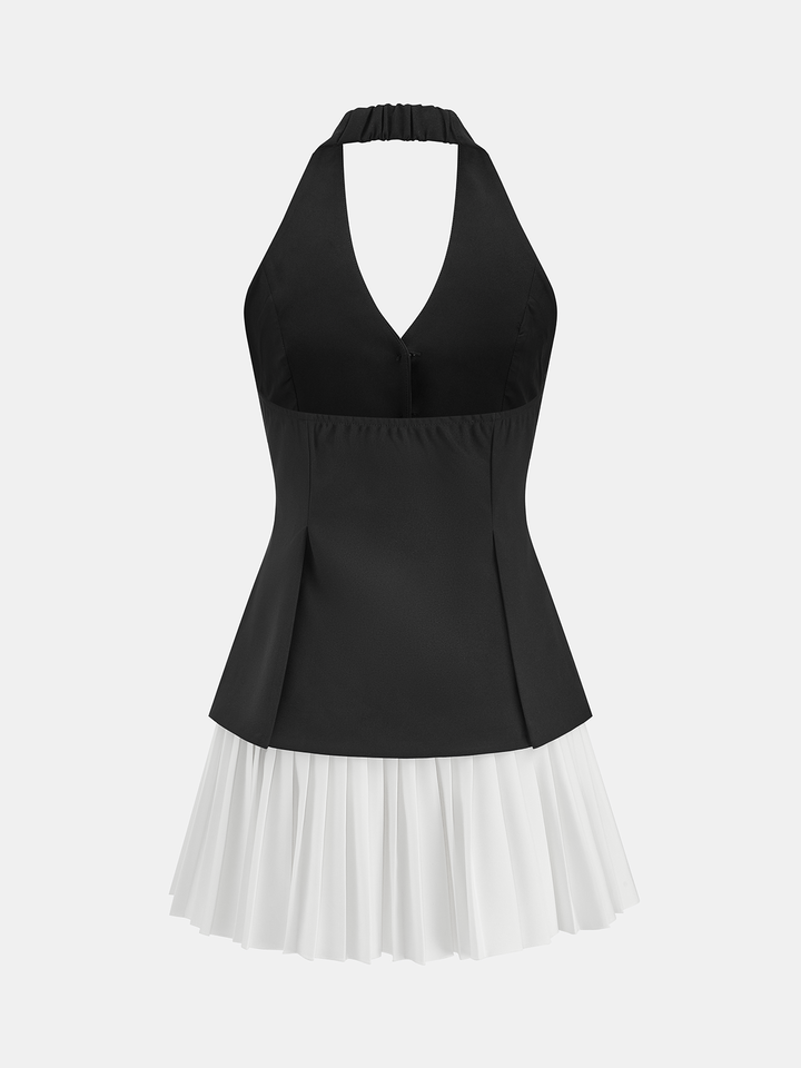 Halter Buttoned Vest & Pleated Mini Skirt Set