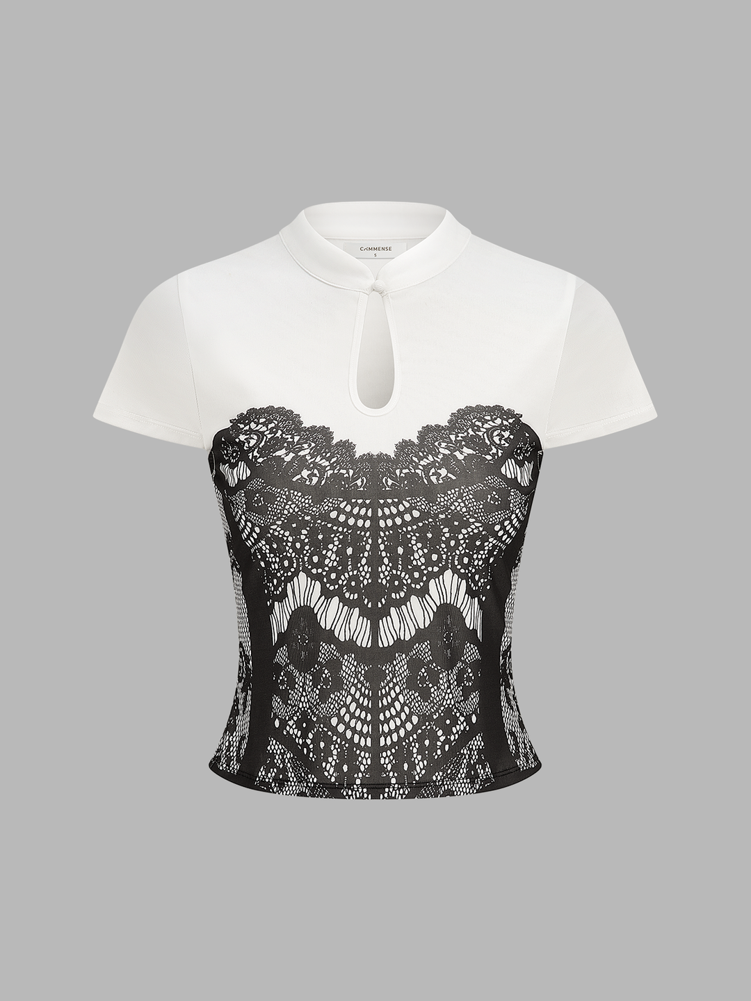 Lace Print Keyhole Neck Short Sleeve Top