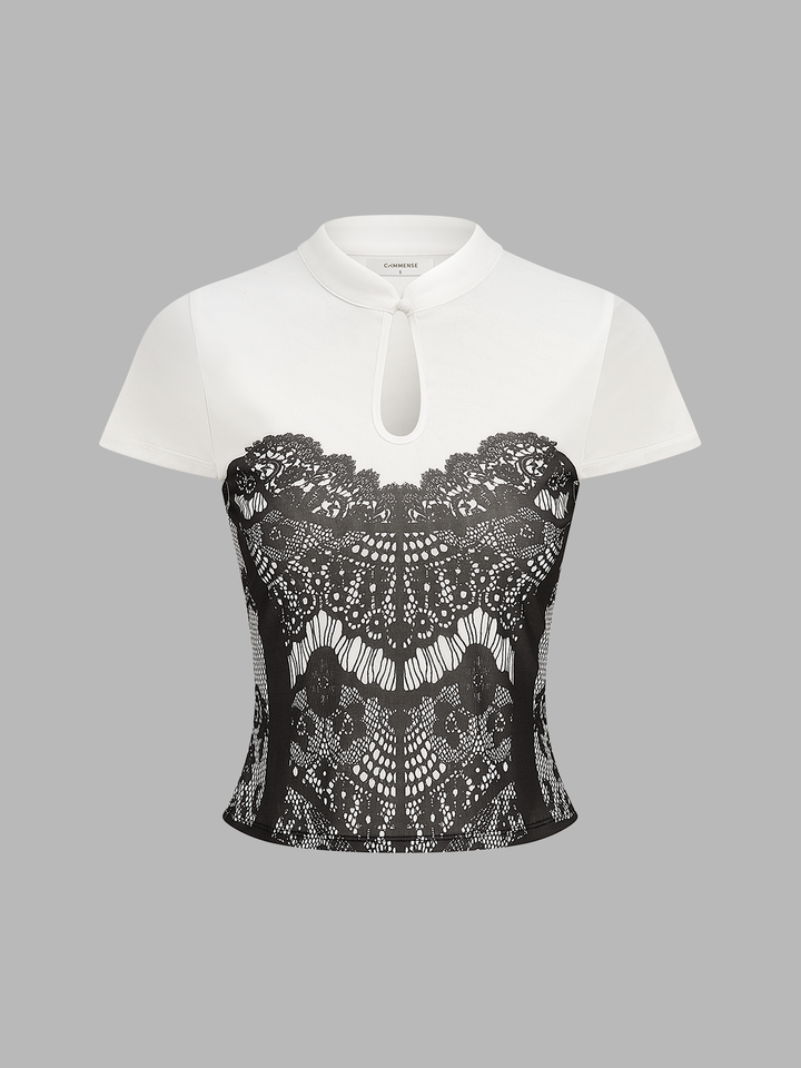 Lace Print Keyhole Neck Short Sleeve Top