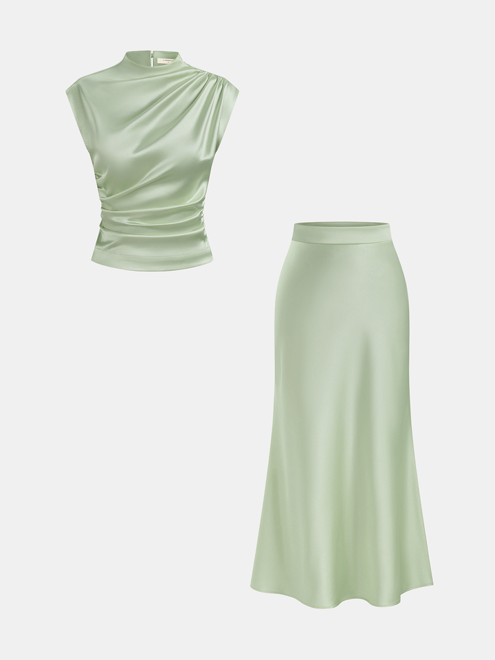 Satin Ruched Top & Midi Skirt Set