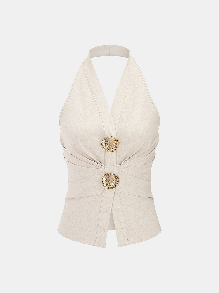Linen Blend Halter Ruched Top & Pants Set