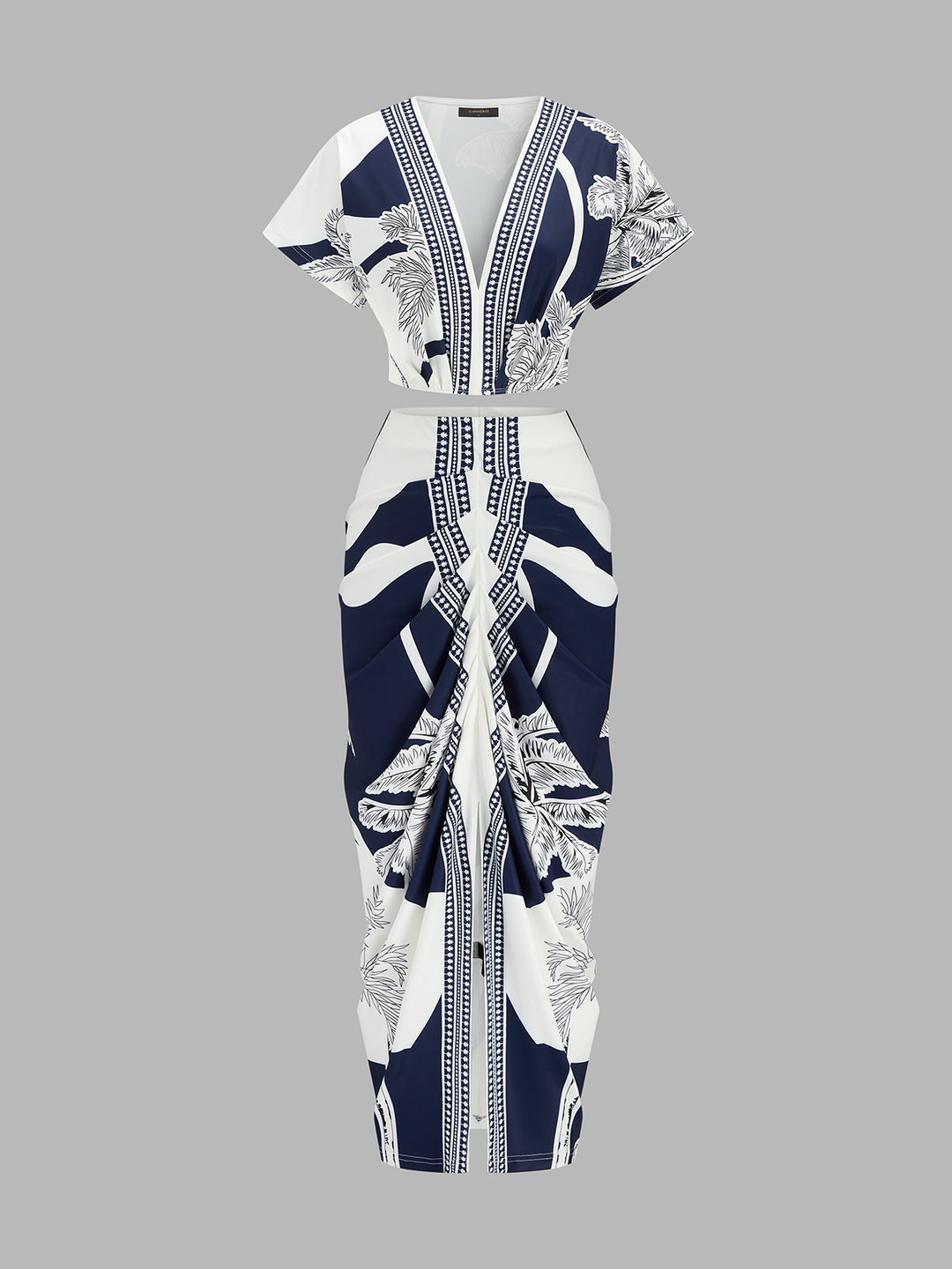 Printed V-Neck Top & Ruched Midi Skirt Set