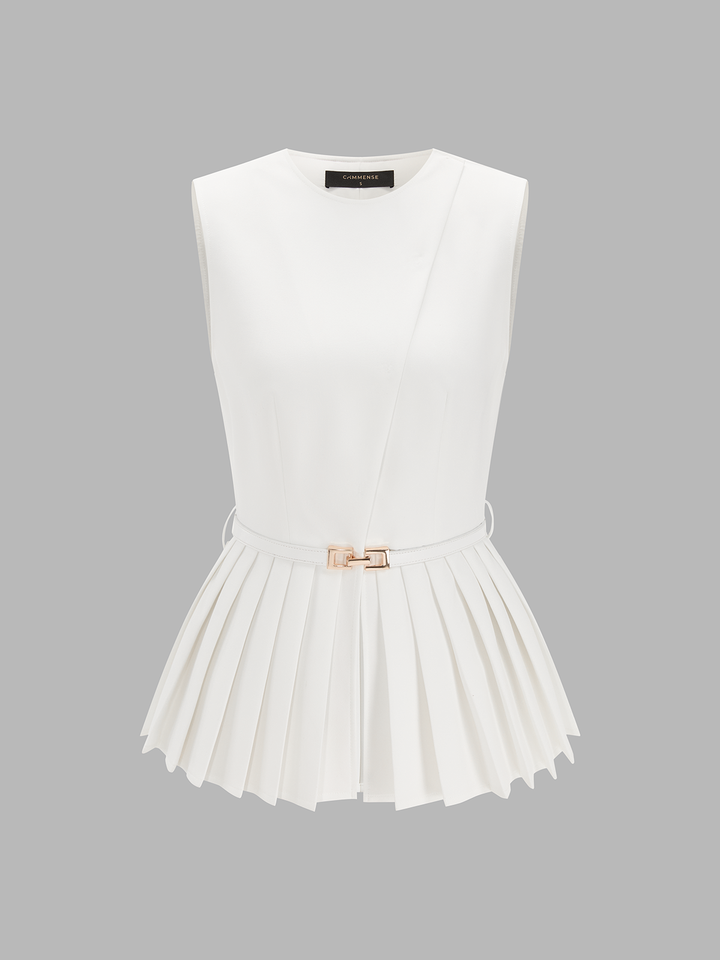 Belted Sleeveless Pleated Peplum Top