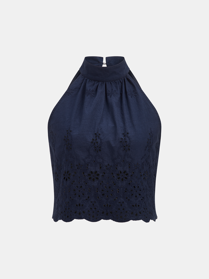 Eyelet Embroidery Top & Tie-Cuff Pants Set