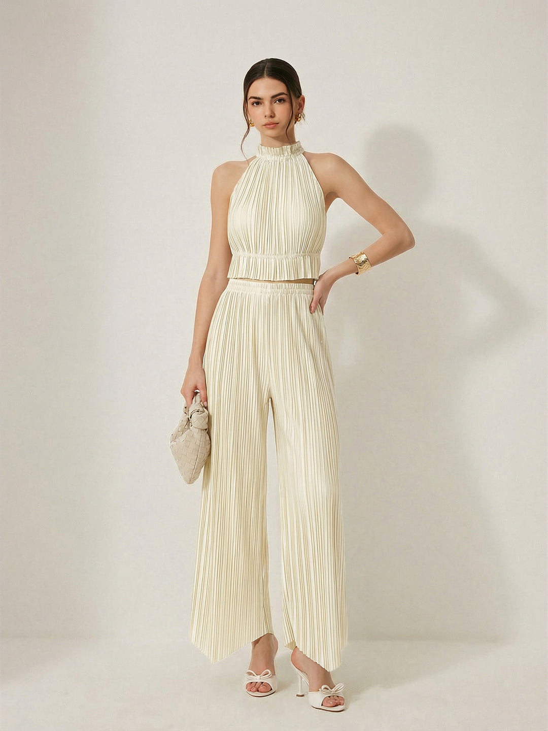 Pleated Halter Crop Top & Pants Set