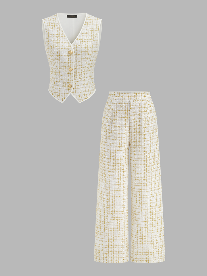 Checked Tweed Vest & Wide-Leg Pants Set