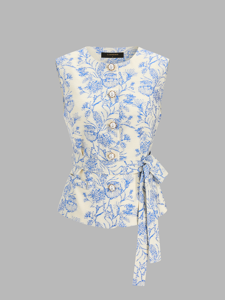 Floral Print Belted Vest & Pleated Mini Skirt Set