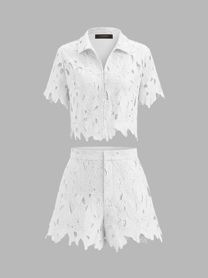 Floral Lace Cropped Shirt & Shorts Set