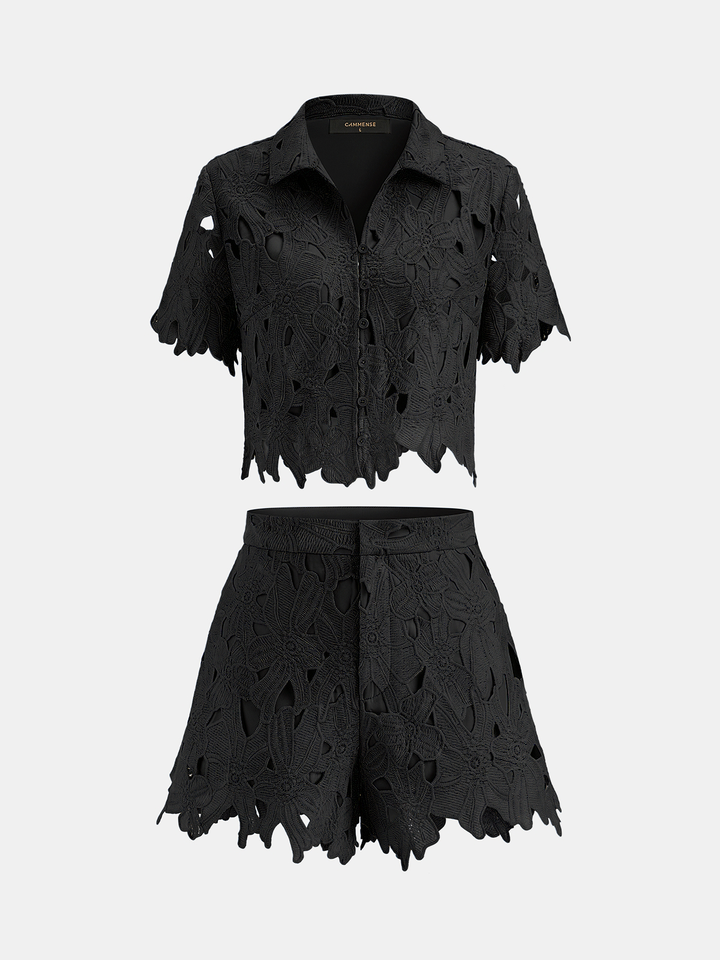 Floral Lace Cropped Shirt & Shorts Set
