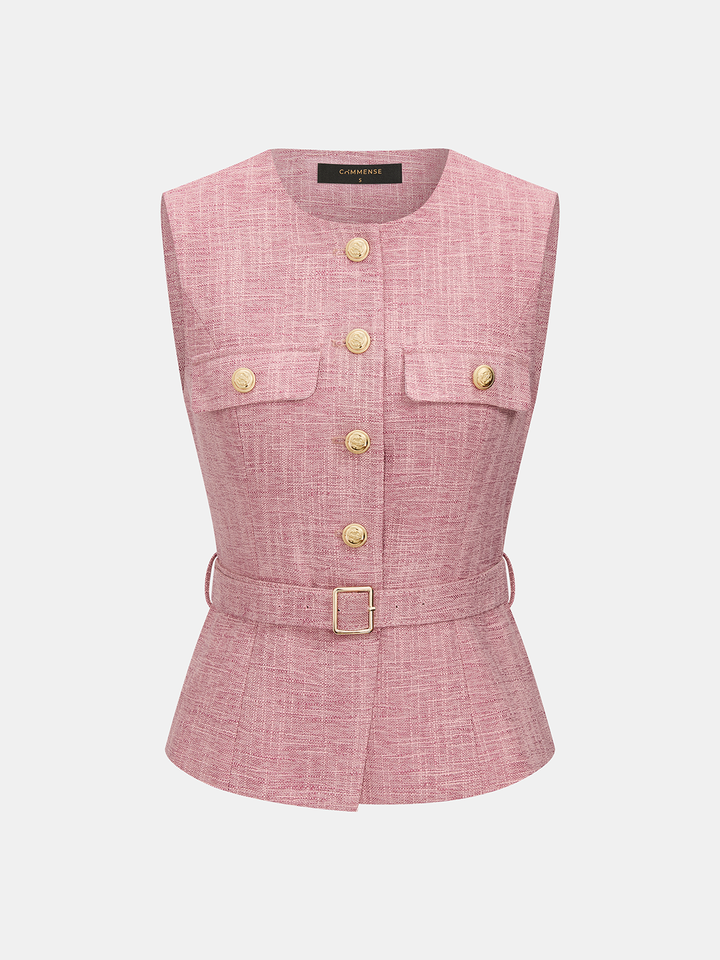 Textured Metal Button Belted Vest & Shorts Set