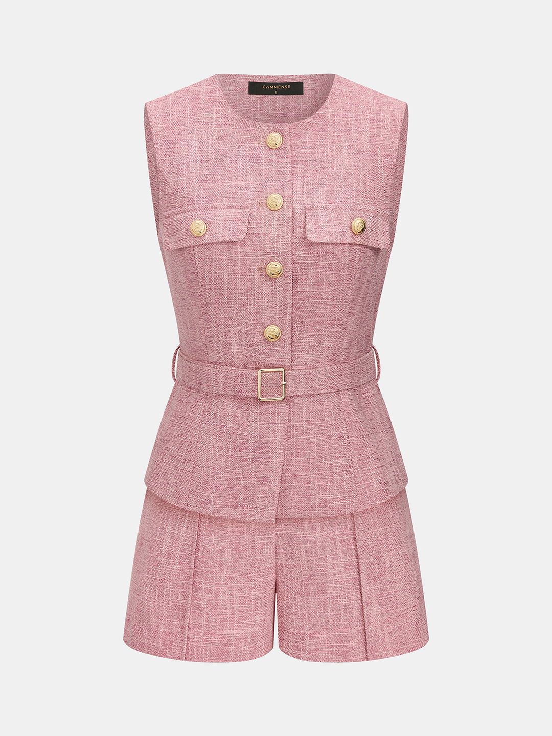 Textured Metal Button Belted Vest & Shorts Set