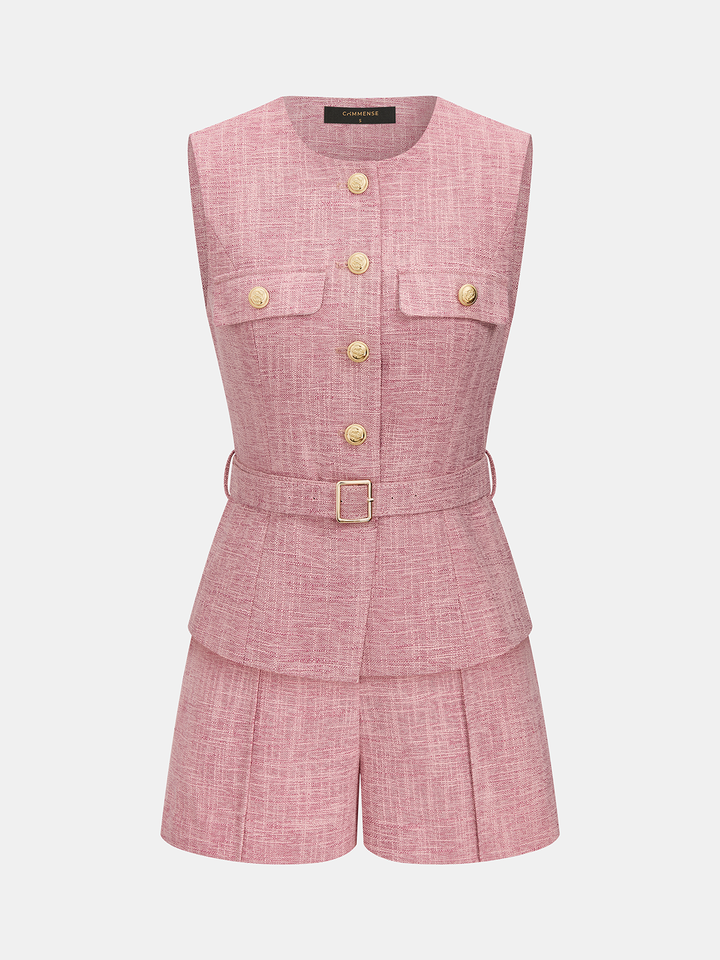 Textured Metal Button Belted Vest & Shorts Set