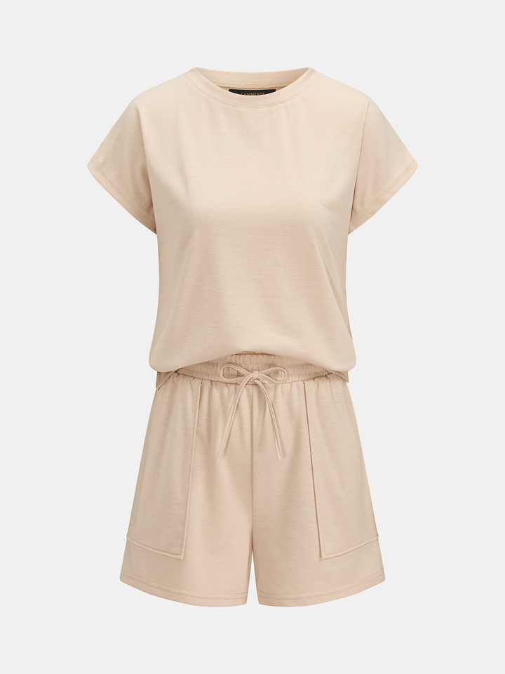 Casual Short Sleeve Top & Drawstring Shorts Set