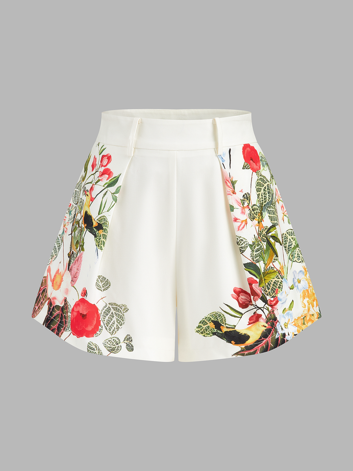Floral Print Belted Strapless Top & Shorts Set
