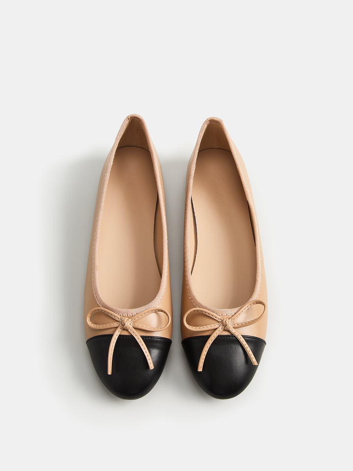 Bow Detail Leather Cap-Toe Ballet Flats