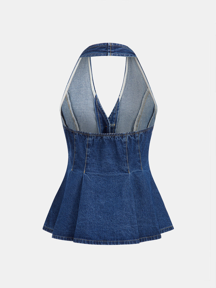 Denim Halter Peplum Top & Shorts Set