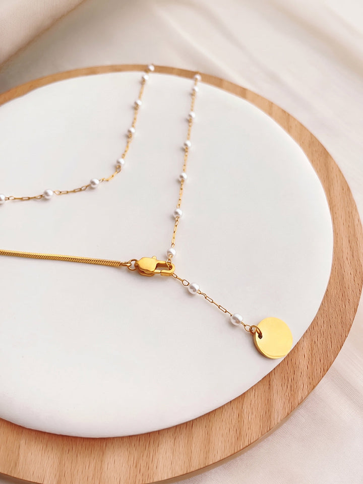 Double Layered Pearl Disc Pendant Necklace