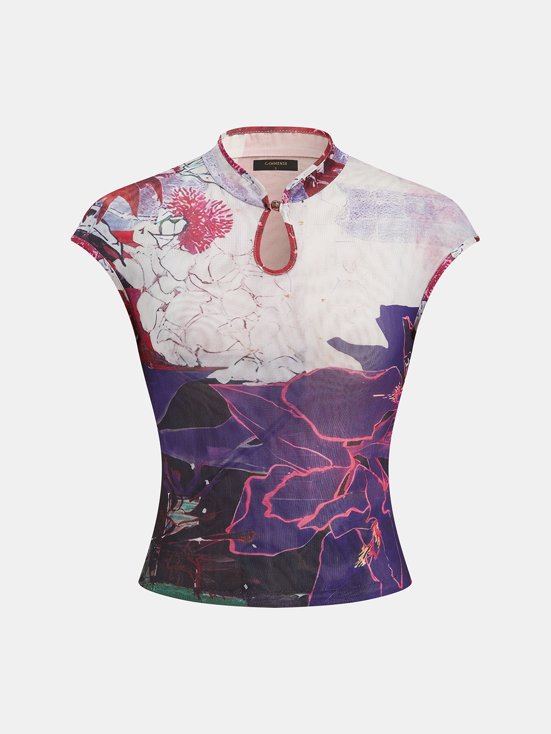 Floral Print Mandarin Collar Mesh Top