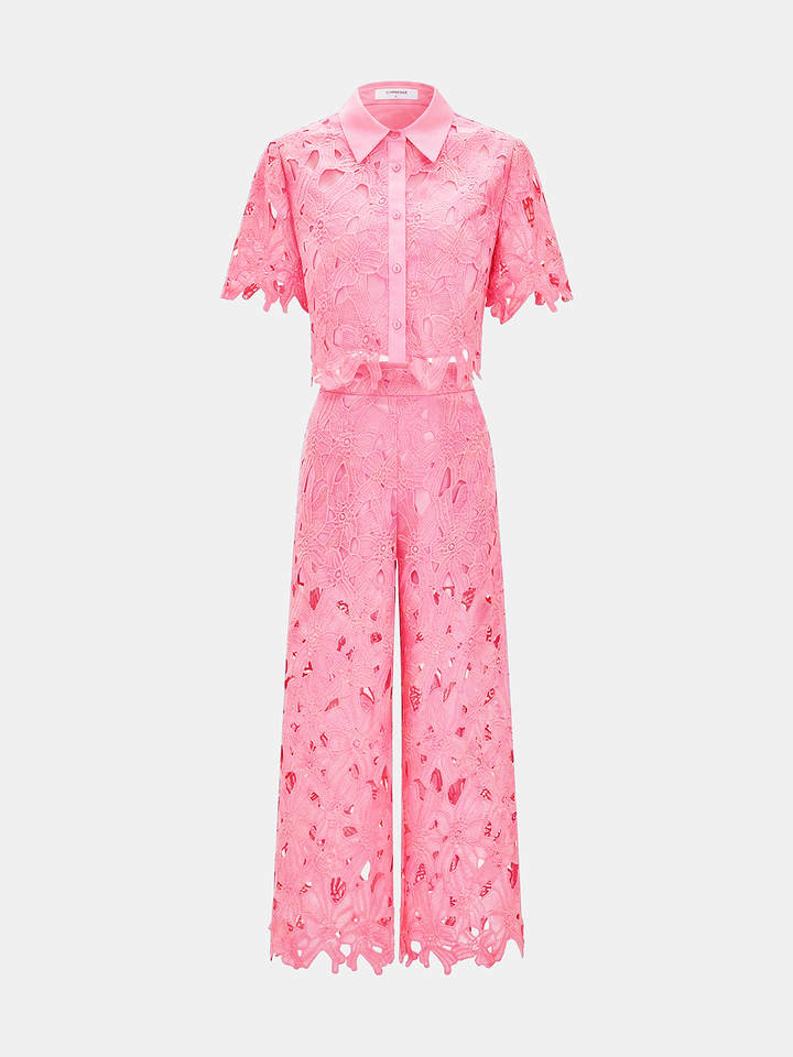 Cutout Lace Short Sleeve Top & Pants Set