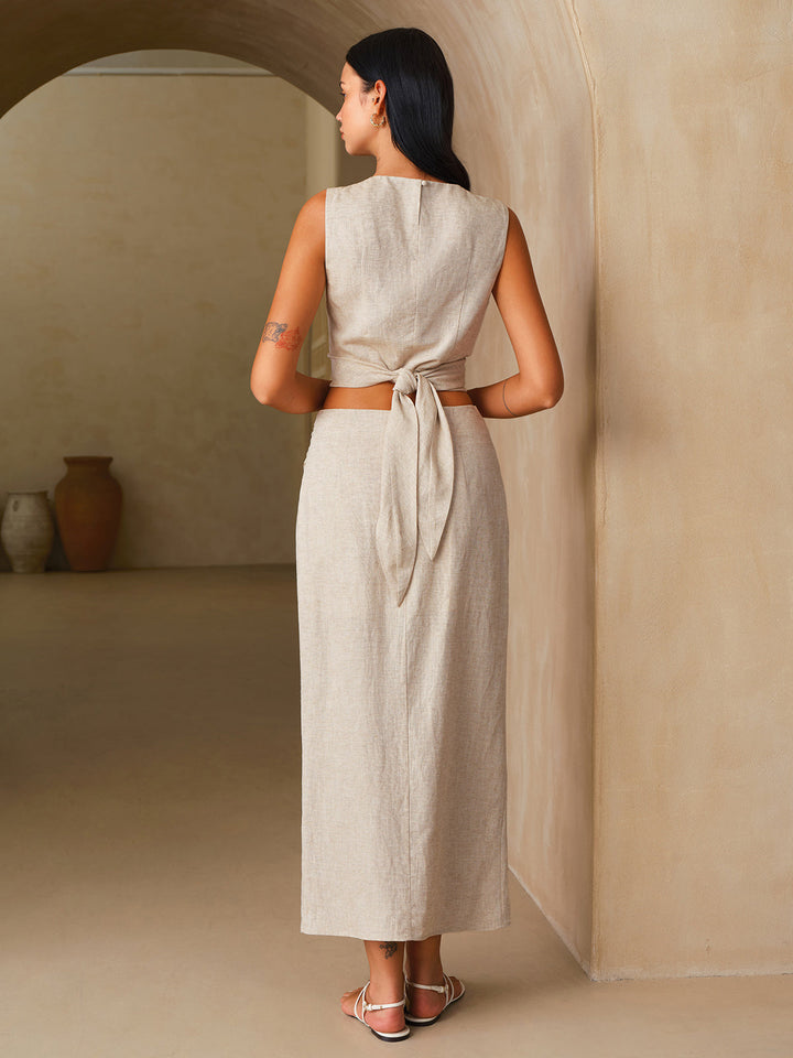 Linen-Blend Knot-Back Top & Wrap Skirt Set