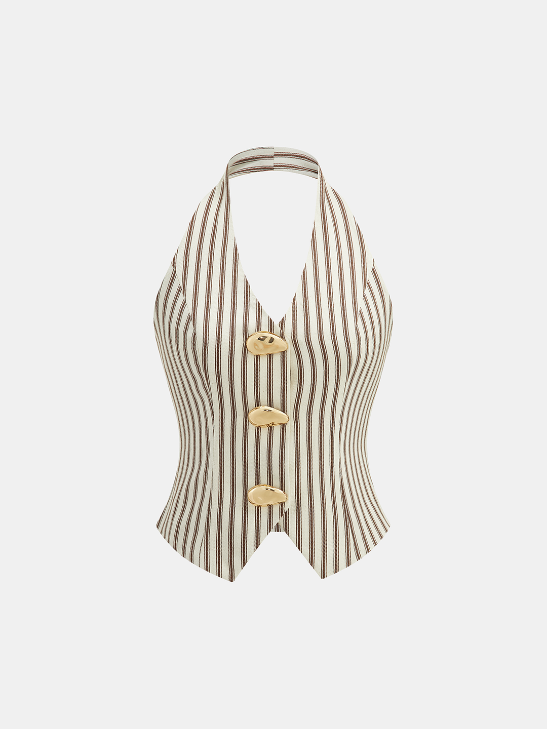 Striped Halter Neck Pants Set with Metal Button