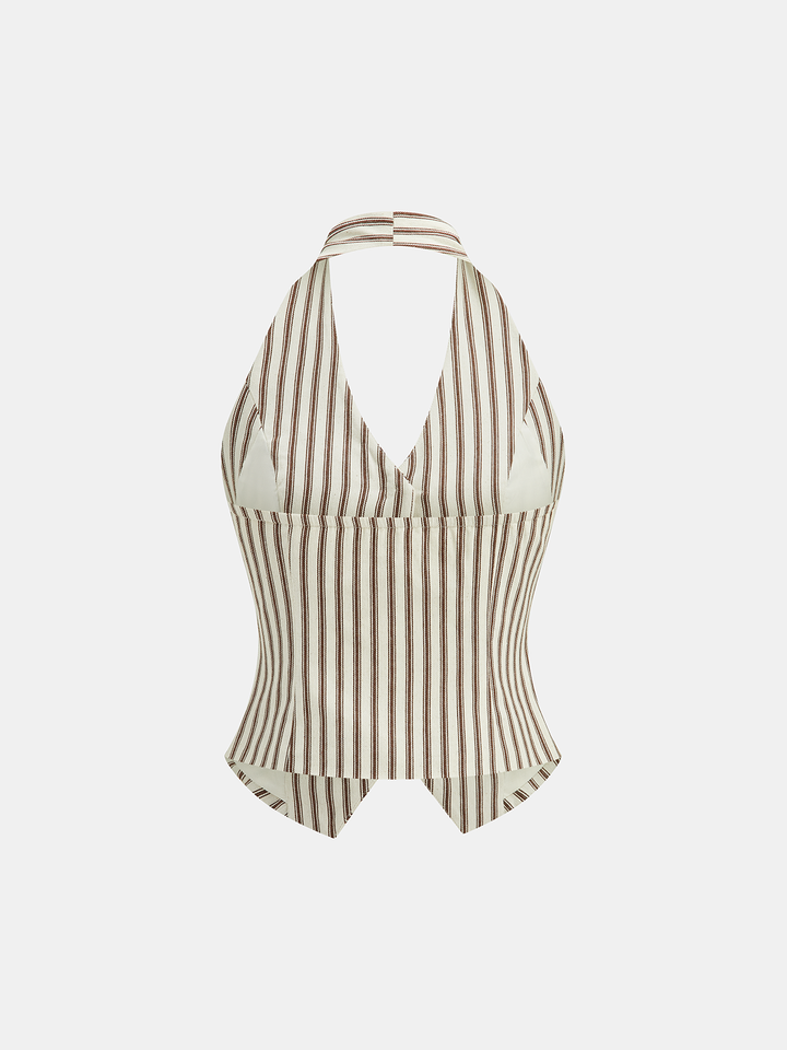Striped Halter Neck Pants Set with Metal Button
