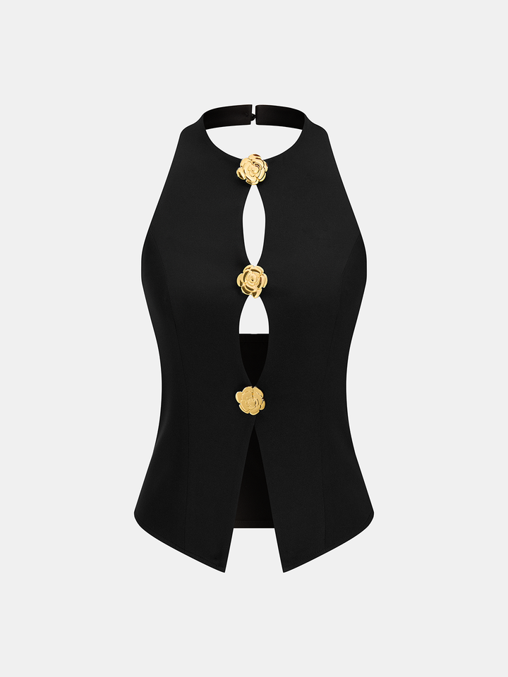 Rose Detail Cut-Out Halter Top & Pants Set