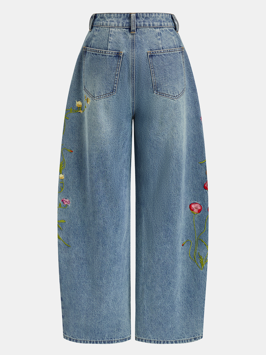 Floral Embroidery Curved-Leg Denim Pants