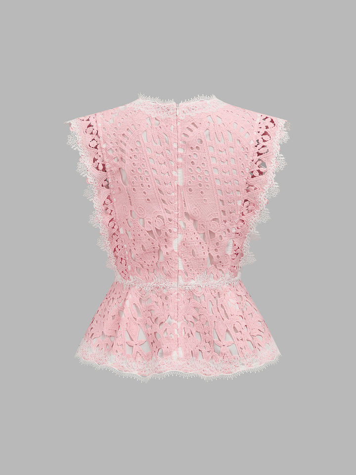V-Neck Guipure Lace Peplum Top & Shorts Set
