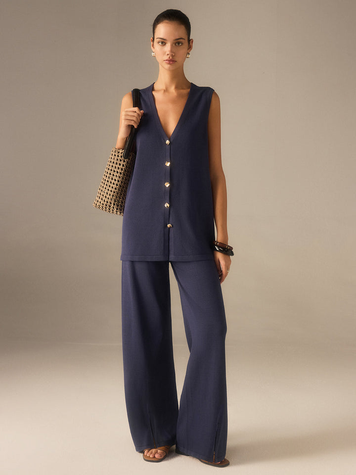 Golden Button Knit Vest Pants Set in Premium Fabric