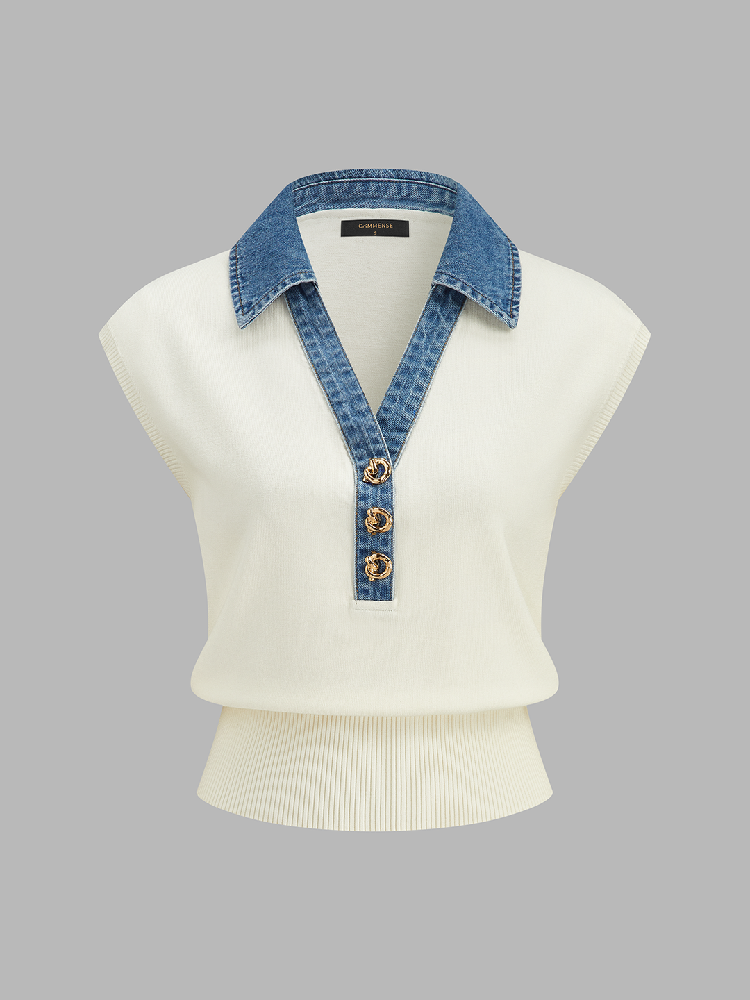Cinched-Waist Denim-Collar Knit Vest