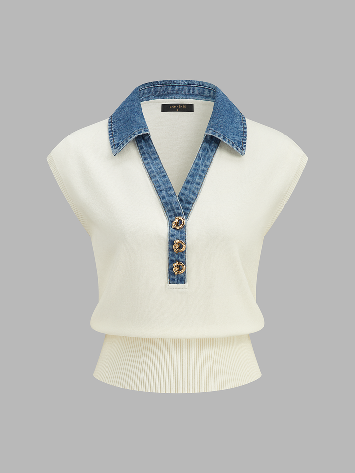 Cinched-Waist Denim-Collar Knit Vest