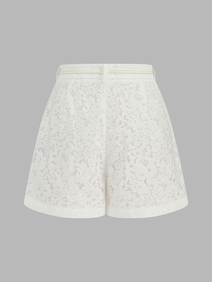 Mid-Waist Belted Lace Shorts
