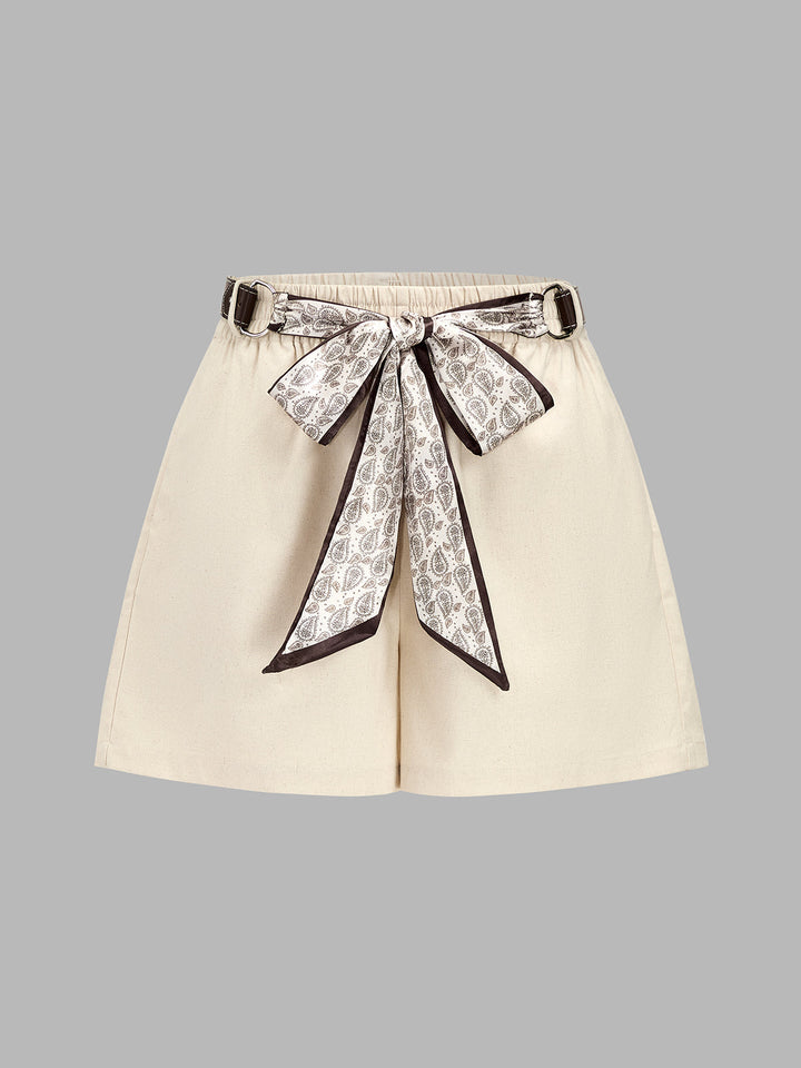 Casual Bow Tie Waist Linen Blend Shorts
