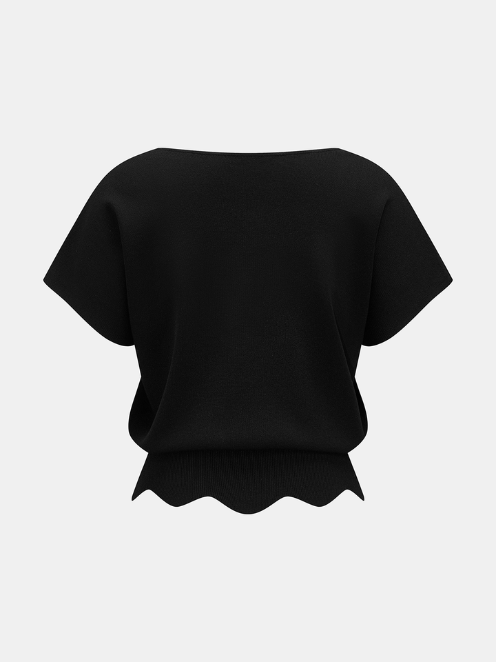 V-Neck Scalloped Hem Knit Top