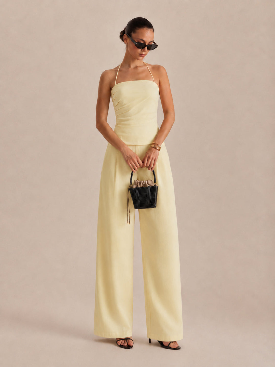 Ruched Halter Top & Wide Leg Pants Set
