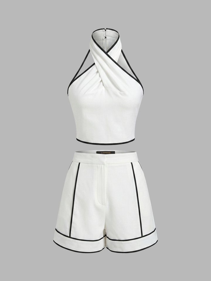 Contrast Trim Cotton Linen Top & Shorts Set