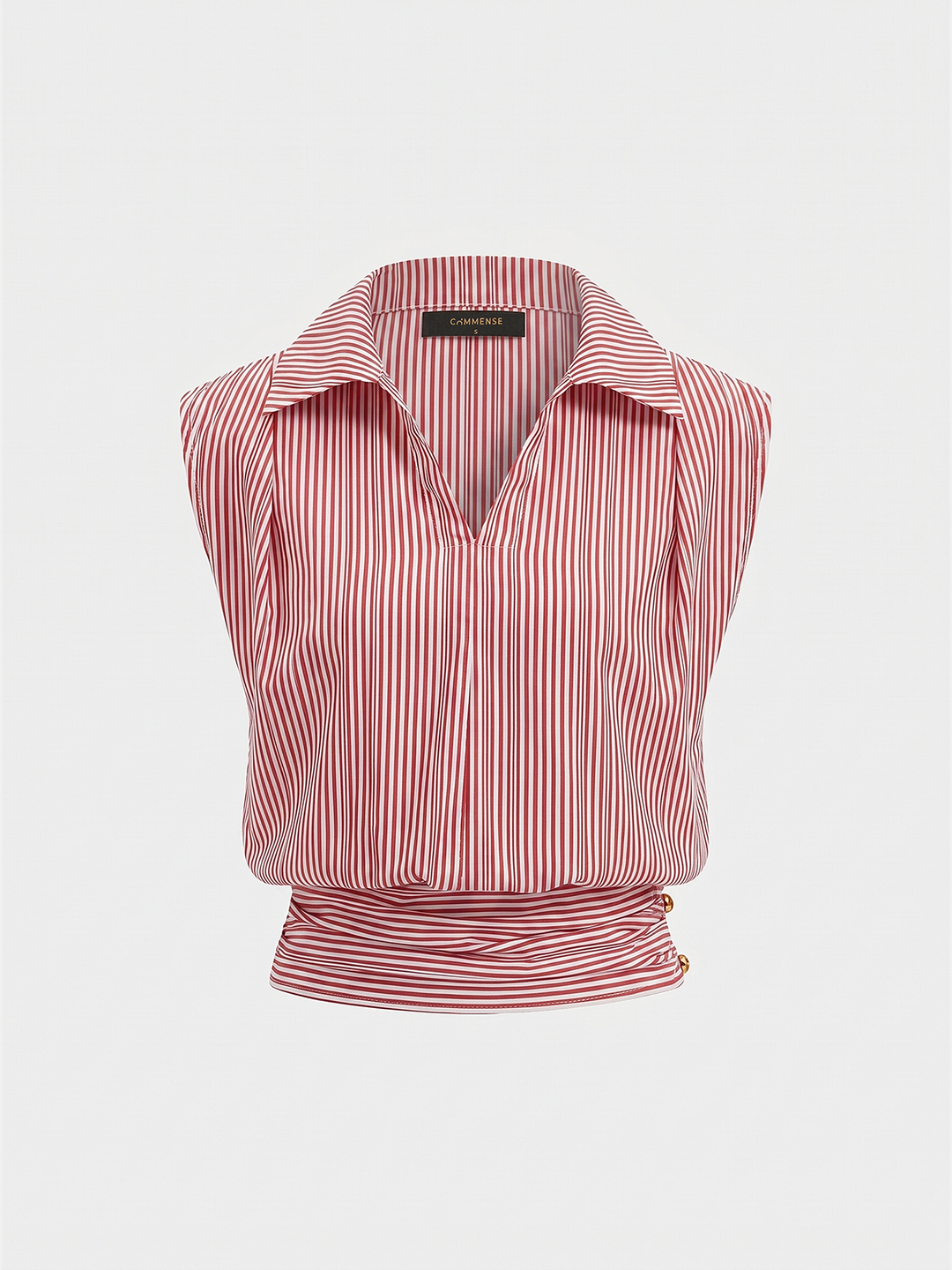 Striped Collared Sleeveless Cinched Blouse
