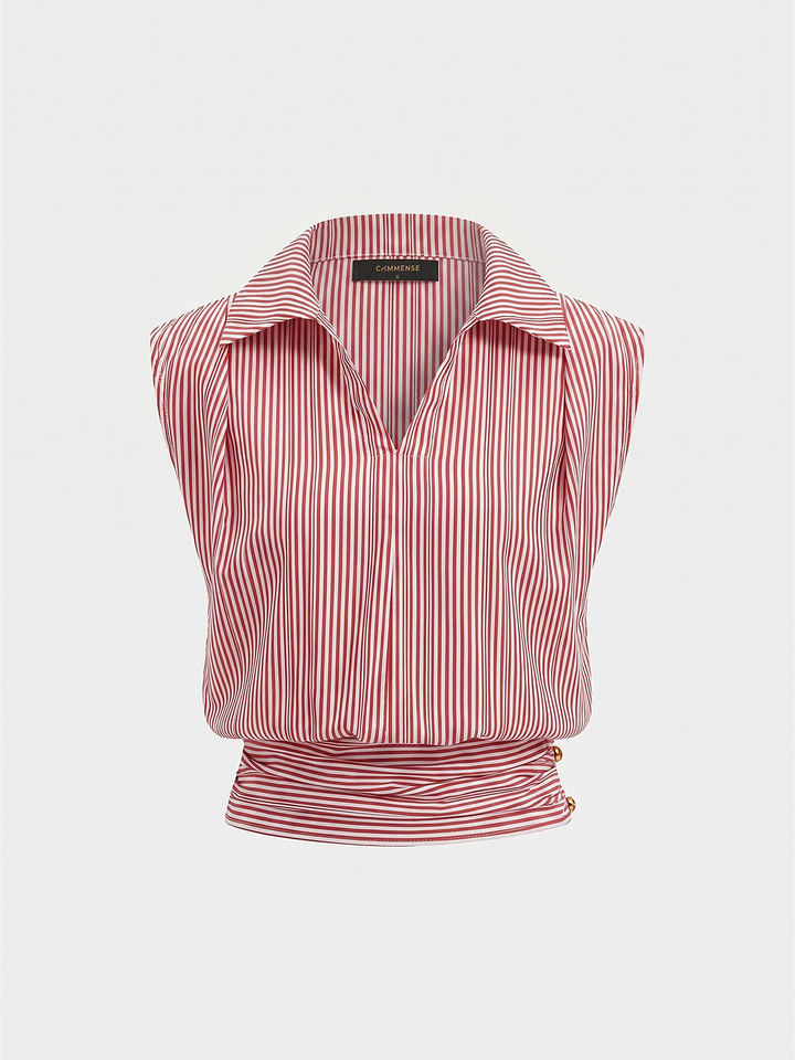 Striped Collared Sleeveless Cinched Blouse