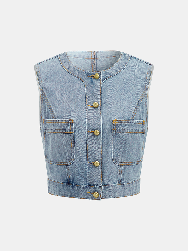 Denim Crop Vest & Pleated Midi Skirt Set